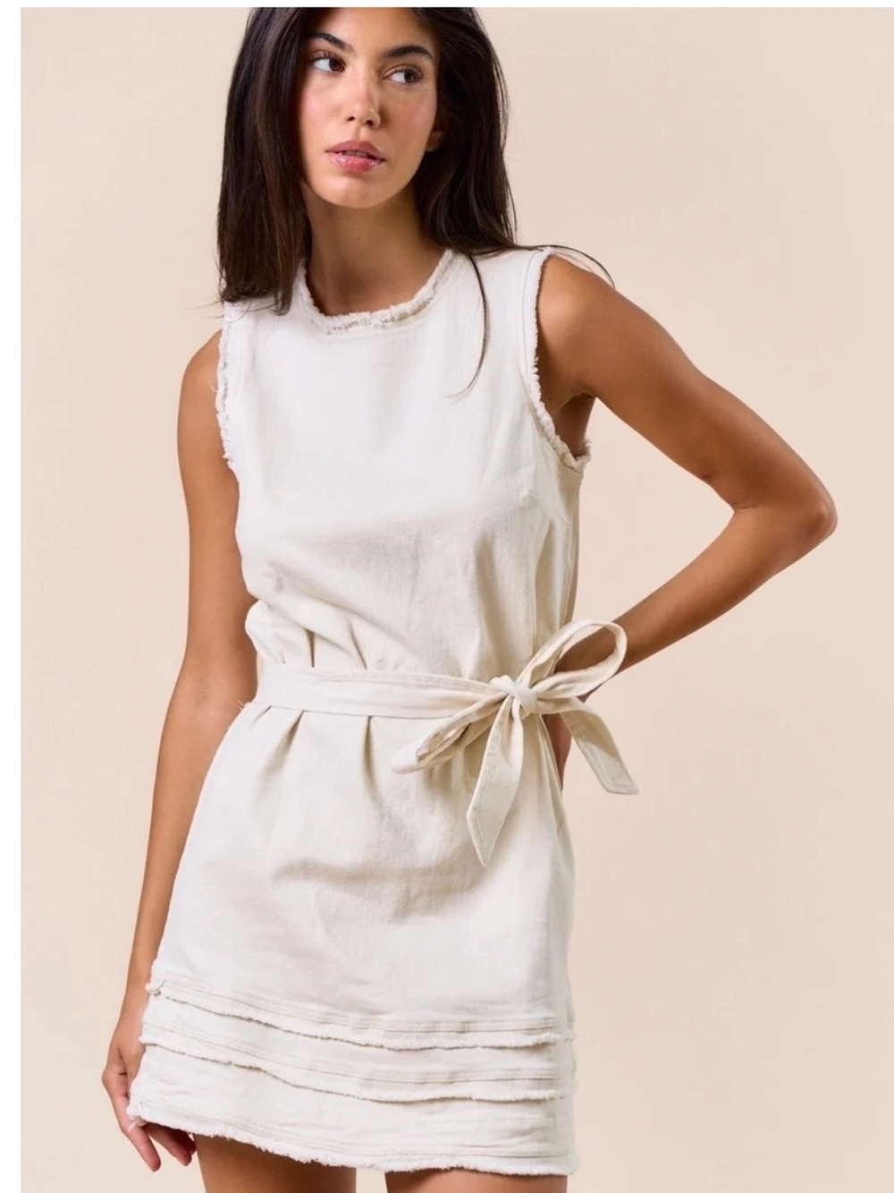 Sleeveless Cream Tie-Waist Mini Dress